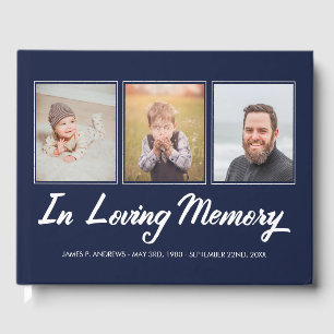 Navy Blue White Photo Collage in Loving Memory Gastenboek