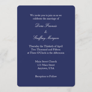 Navy Blue White Plain Simple Wedding Invitation Kaart