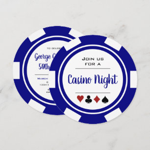 Navy Blue White Poker Chip Casino Night Birthday Kaart