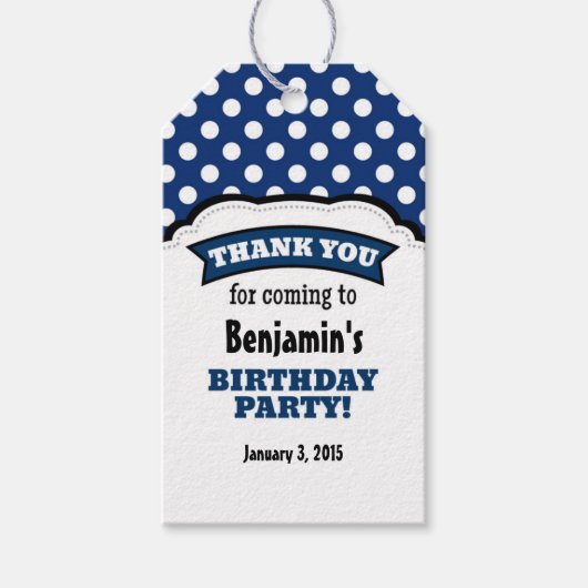Navy Blue White Polka Dot Verjaardag Dank u Labels Cadeaulabel (Voorkant)