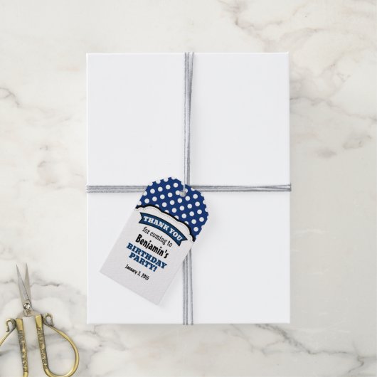 Navy Blue White Polka Dot Verjaardag Dank u Labels Cadeaulabel (Met Touw)
