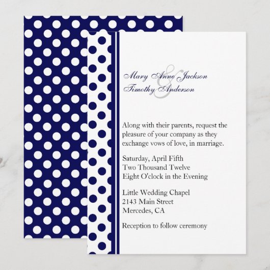 Navy Blue & White Polka Dot Wedding Invitation Kaart (Voorkant / Achterkant)