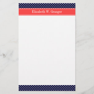 Navy Blue White Polka Dots Coral Name Monogram Briefpapier