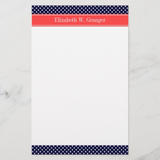 Navy Blue White Polka Dots Coral Name Monogram Briefpapier (Voorkant)