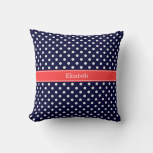 Navy Blue White Polka Dots Coral Name Monogram Kussen