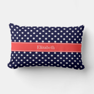 Navy Blue White Polka Dots Coral Name Monogram Kussen