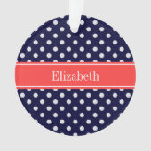 Navy Blue White Polka Dots Coral Name Monogram Ornament (voorkant)