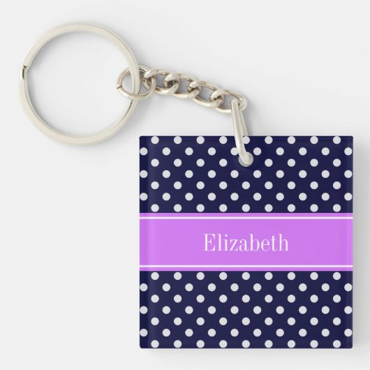 Navy Blue White Polka Dots Lila naam Monogram Sleutelhanger (voorkant)