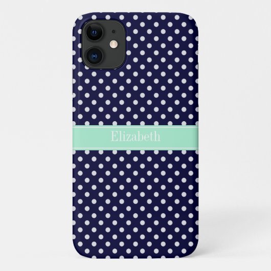Navy Blue White Polka Dots Mint Name Monogram Case-Mate iPhone Case (Achterkant)