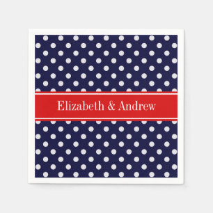 Navy Blue White Polka Dots Red Name Monogram Servet