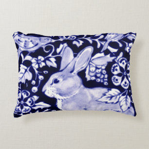 Navy Blue & White Rabbit Bird Floral Dedham Delft Accent Kussen