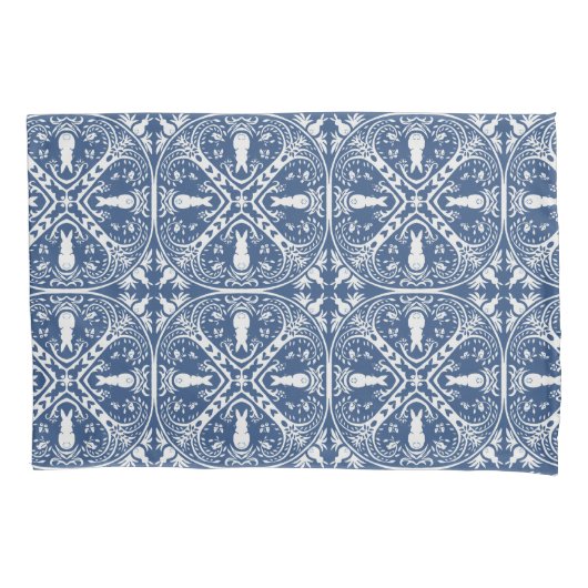 Navy Blue & White Rabbit & Bird Medallion Pattern Kussensloop (Voorkant)