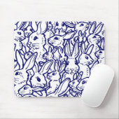 Navy Blue White Rabbit Bunny Drawing Cute Unique Muismat (Met muis)