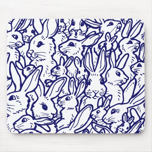 Navy Blue White Rabbit Bunny Drawing Cute Unique Muismat (Voorkant)