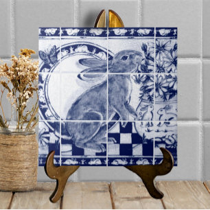Navy Blue White Rabbit Dedham Pottery Delft Mural Tegeltje