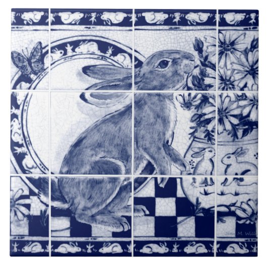 Navy Blue White Rabbit Dedham Pottery Delft Mural Tegeltje (Voorkant)