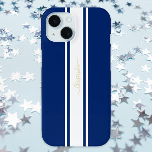 Navy Blue White Racing Stripes Gold Monogrammed