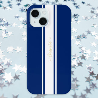 Navy Blue White Racing Stripes Gold Monogrammed