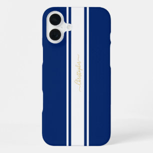 Navy Blue White Racing Stripes Gold Monogrammed iPhone 16 Plus Hoesje