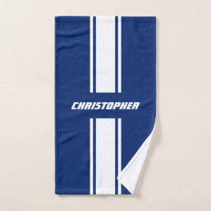 Navy Blue White Racing Stripes Monogram Mannen Jon Bad Handdoek