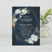 Navy Blue White Rose Boho Geometric Wedding Kaart (Staand voorkant)