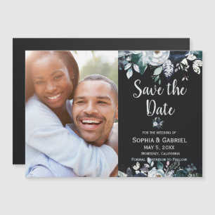 Navy Blue White Rose Floral Wedding Save the Date Magnetische Uitnodiging