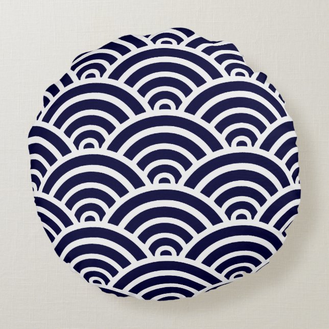 Navy Blue & White Scallop Pattern Round Pillow Rond Kussen (Achterkant)