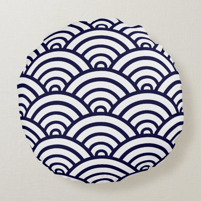 Navy Blue & White Scallop Pattern Round Pillow Rond Kussen (Achterkant)
