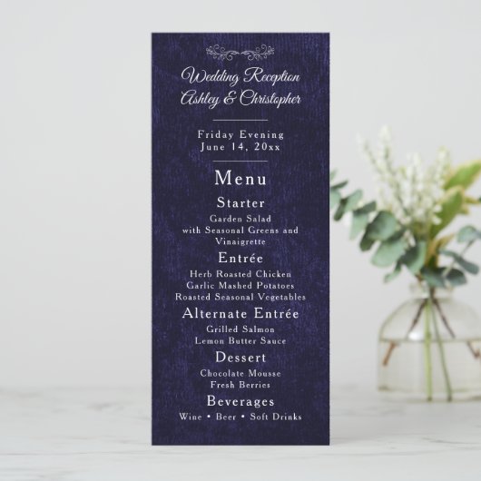 Navy Blue White Script Wedding Reception  Menu (Staand voorkant)