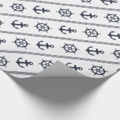 Navy Blue White Ship Wheel Anchor Nautical Cadeaupapier (Hoek)