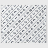 Navy Blue White Ship Wheel Anchor Nautical Cadeaupapier (Vlak)