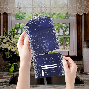 Navy Blue White Silver Rsvp bruiloft All In One Uitnodiging
