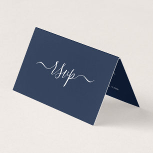 Navy Blue & White Simple Script Photo RSVP-kaart Visitekaartjes