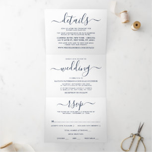 Navy Blue & White Simple Script Wedding Suite Drieluik Uitnodiging