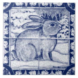 Navy Blue White Snow Bunny Dedham Delft  Tegeltje