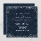 Navy Blue White Stardust Wedding Invitation Square Kaart (Voorkant / Achterkant)