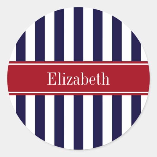 Navy Blue White Stripe Cranberry Name Monogram Ronde Sticker (Voorkant)
