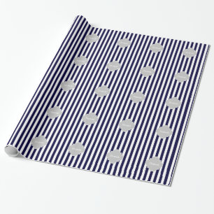 Navy Blue White Stripe Lt Grey Quatrefoil Monogram Cadeaupapier
