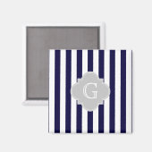 Navy Blue White Stripe Lt Grey Quatrefoil Monogram Magneet (Voorkant / Achterkant)