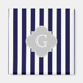 Navy Blue White Stripe Lt Grey Quatrefoil Monogram Magneet (Voorkant)