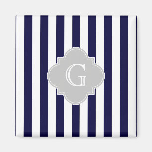 Navy Blue White Stripe Lt Grey Quatrefoil Monogram Magneet