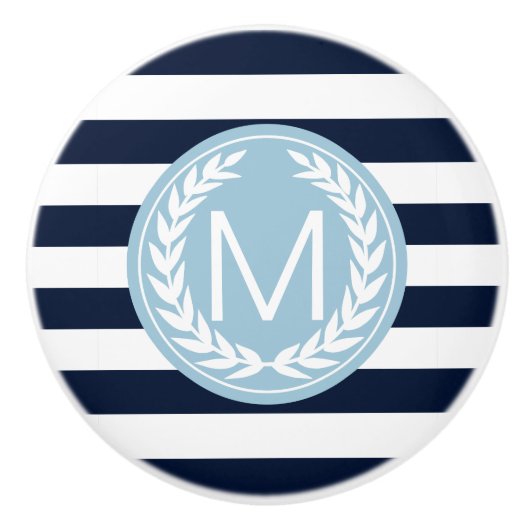 Navy Blue & White Stripe met Light Blue Monogram Keramische Knop (Voorkant)