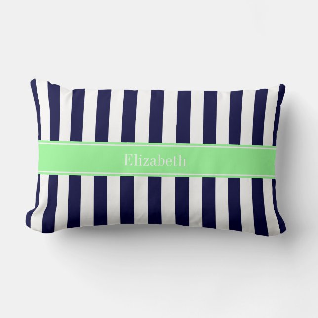 Navy Blue White Stripe Mint Green Name Monogram Kussen (Voorkant)