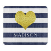 Navy Blue White Stripe Pattern Name Gold Heart Snijplank (Voorkant)