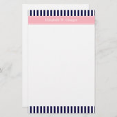 Navy Blue White Stripe Pink Name Monogram Briefpapier (Voorkant / Achterkant)