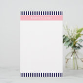 Navy Blue White Stripe Pink Name Monogram Briefpapier (Staand voorkant)