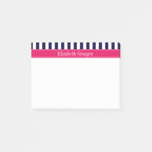 Navy Blue White Stripe Raspberry Name Monogram Post-it® Notes