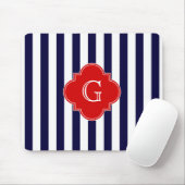 Navy Blue White Stripe Red Quatrefoil Monogram Muismat (Met muis)