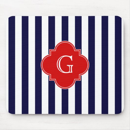 Navy Blue White Stripe Red Quatrefoil Monogram Muismat (Voorkant)