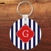 Navy Blue White Stripe Red Quatrefoil Monogram Sleutelhanger (Voorkant)